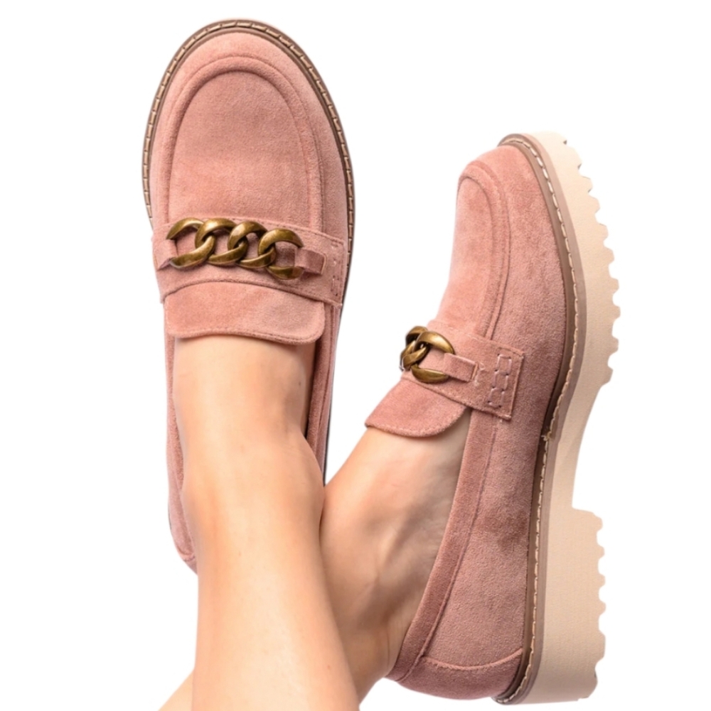 Corkys Pink Suede Chain-Accent Loafers